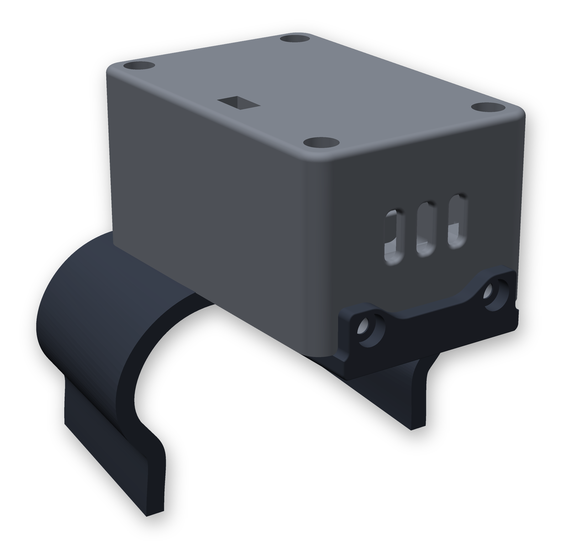 The sensor backpack: a vented box with a bolted lid on a curved arm clamp