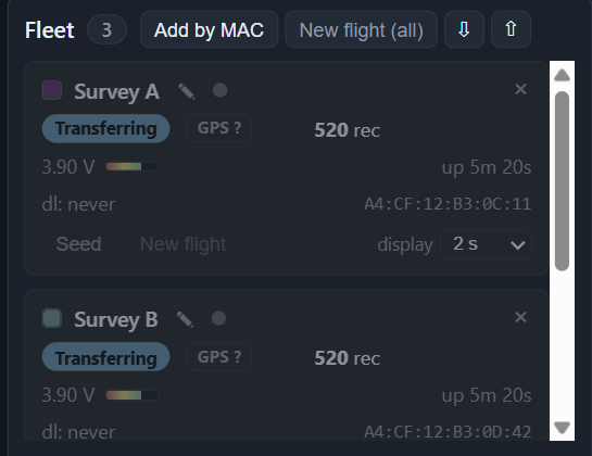 The fleet panel: two named drones with battery, status and record counts
