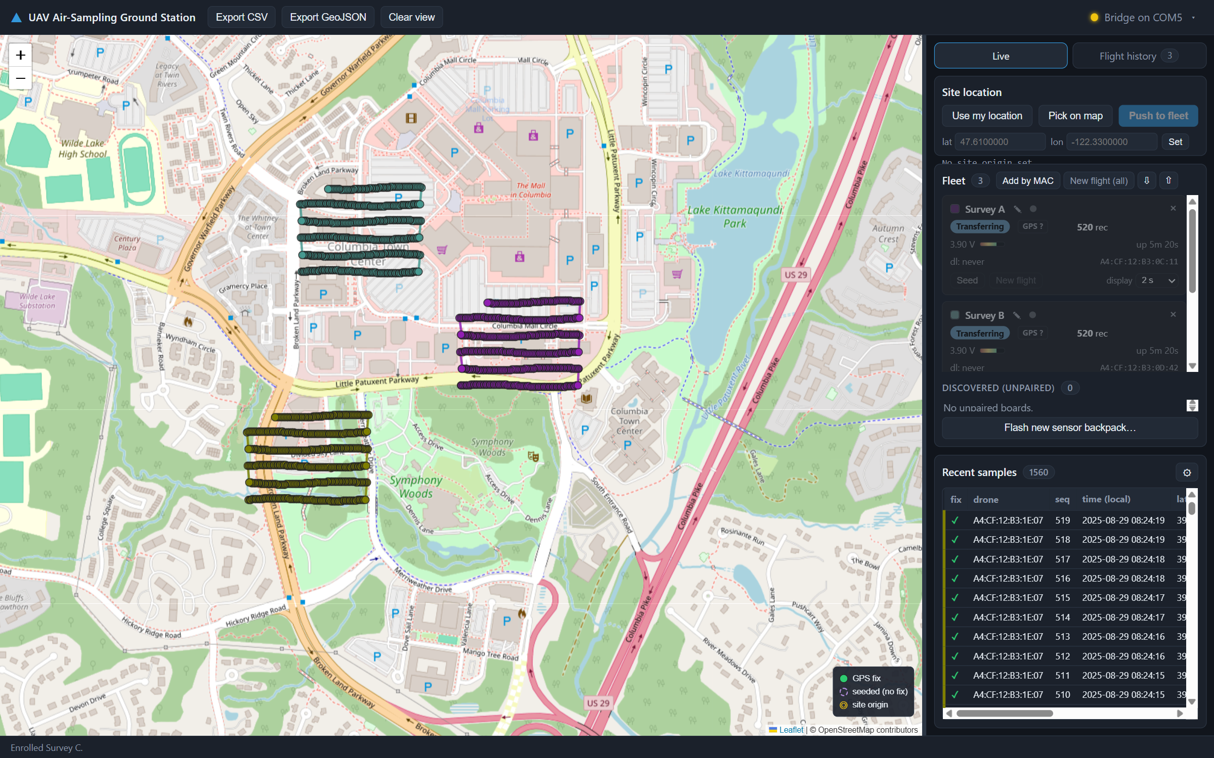 The ground station: three coloured survey tracks on a map, with the fleet list and live samples alongside