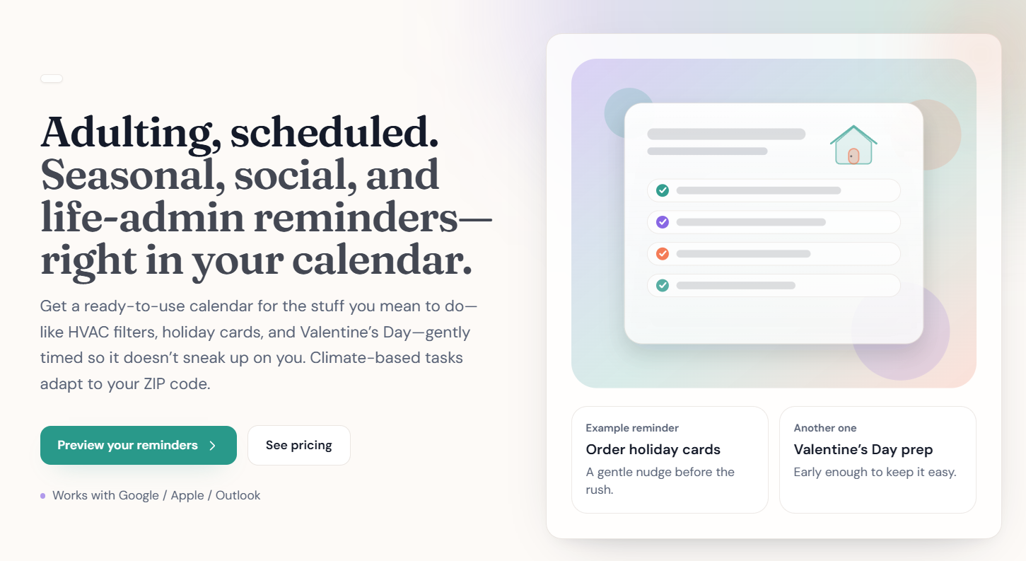 The Adulting Calendar website screenshot